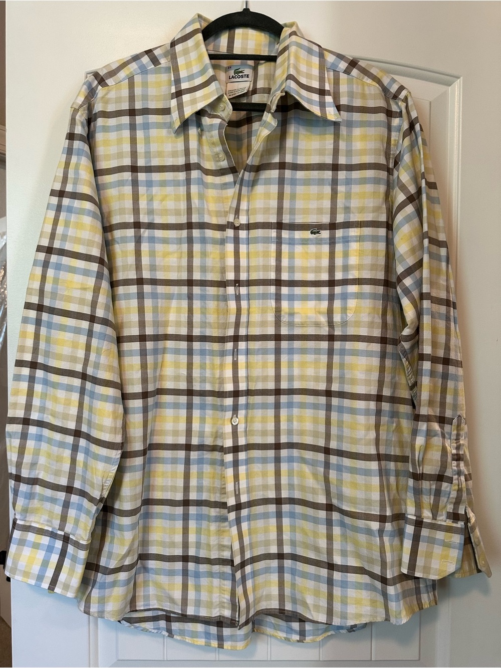 Vintage Lacoste Men's Yellow, Brown & Light Blue Plaid Button-Down Shirt